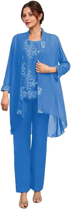 3 Pcs Mother of The Bride Dresses Pantsuit for Wedding 3/4 Sleeves Chiffon Formal Pants Outfit with Jacket