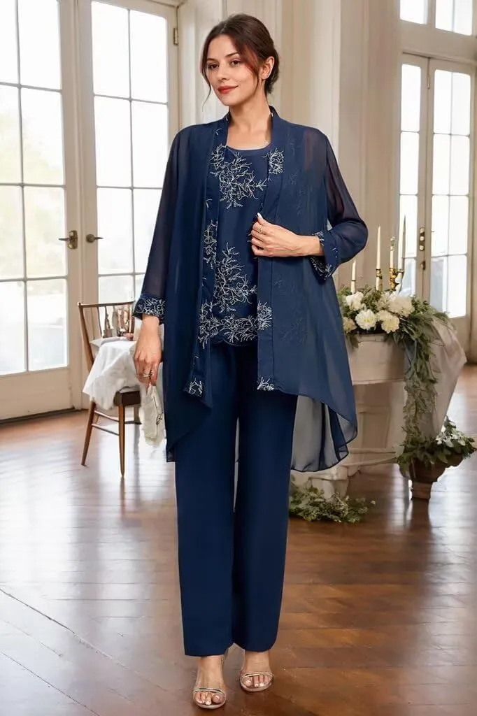 3 Pcs Mother of The Bride Dresses Pantsuit for Wedding 3/4 Sleeves Chiffon Formal Pants Outfit with Jacket