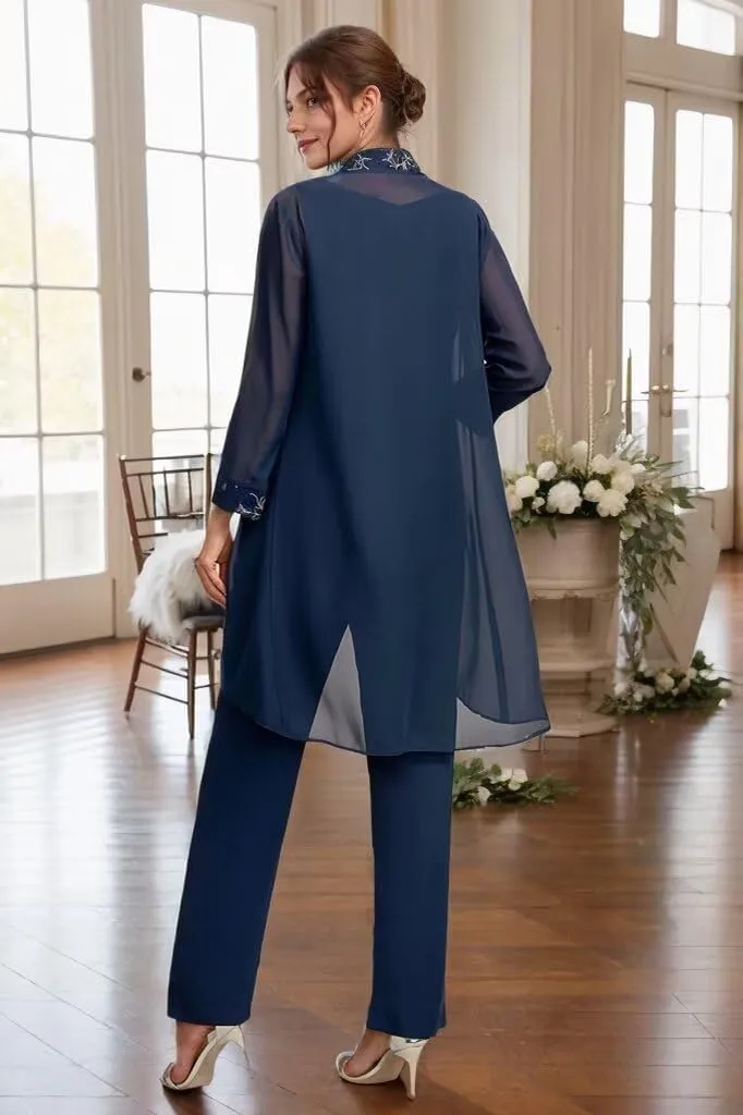 3 Pcs Mother of The Bride Dresses Pantsuit for Wedding 3/4 Sleeves Chiffon Formal Pants Outfit with Jacket