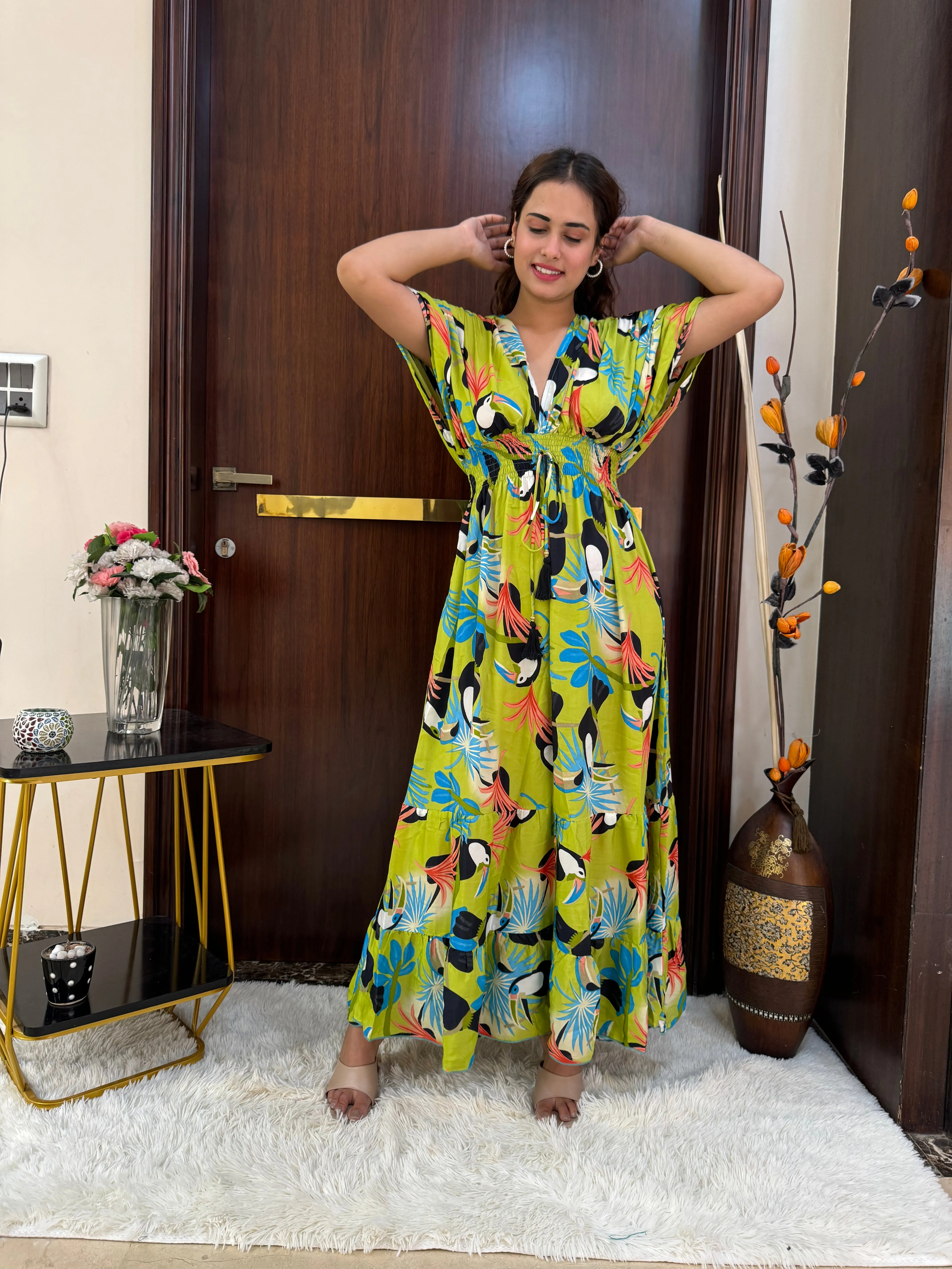 Balloon Pattern Boho Printed Maxi Dress - Vibrant Parrot Green