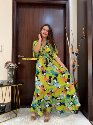 Balloon Pattern Boho Printed Maxi Dress - Vibrant Parrot Green