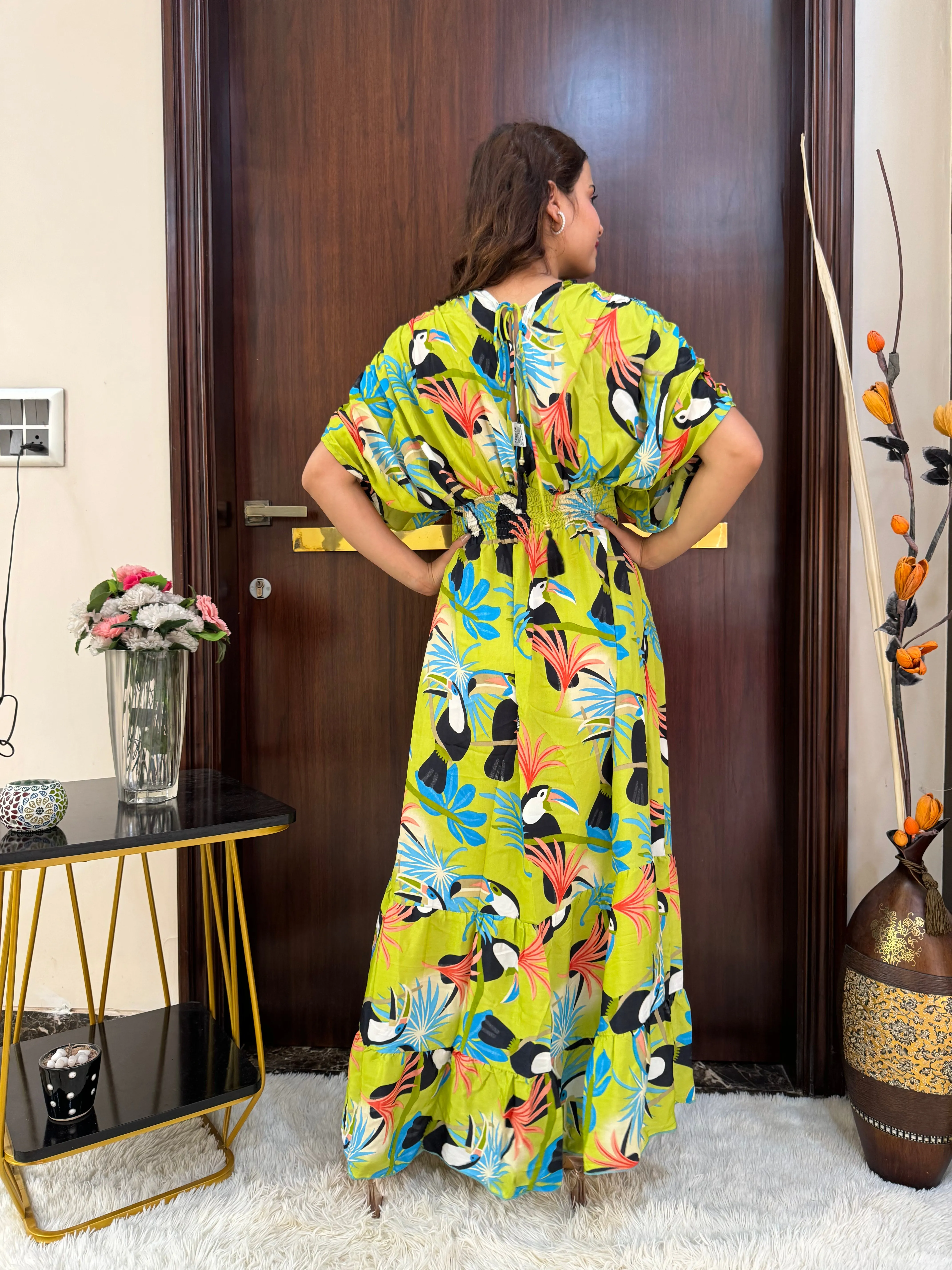 Balloon Pattern Boho Printed Maxi Dress - Vibrant Parrot Green