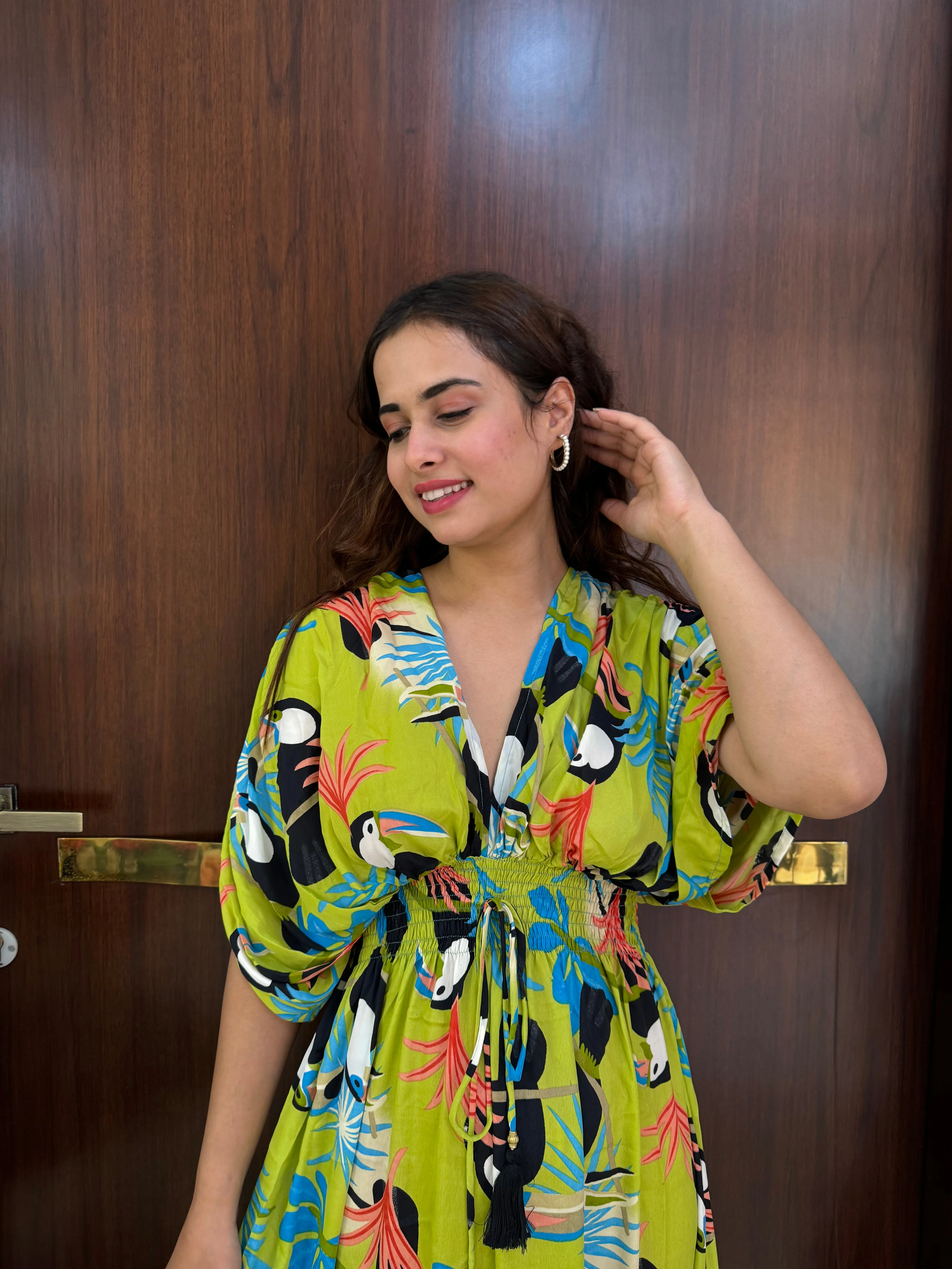 Balloon Pattern Boho Printed Maxi Dress - Vibrant Parrot Green