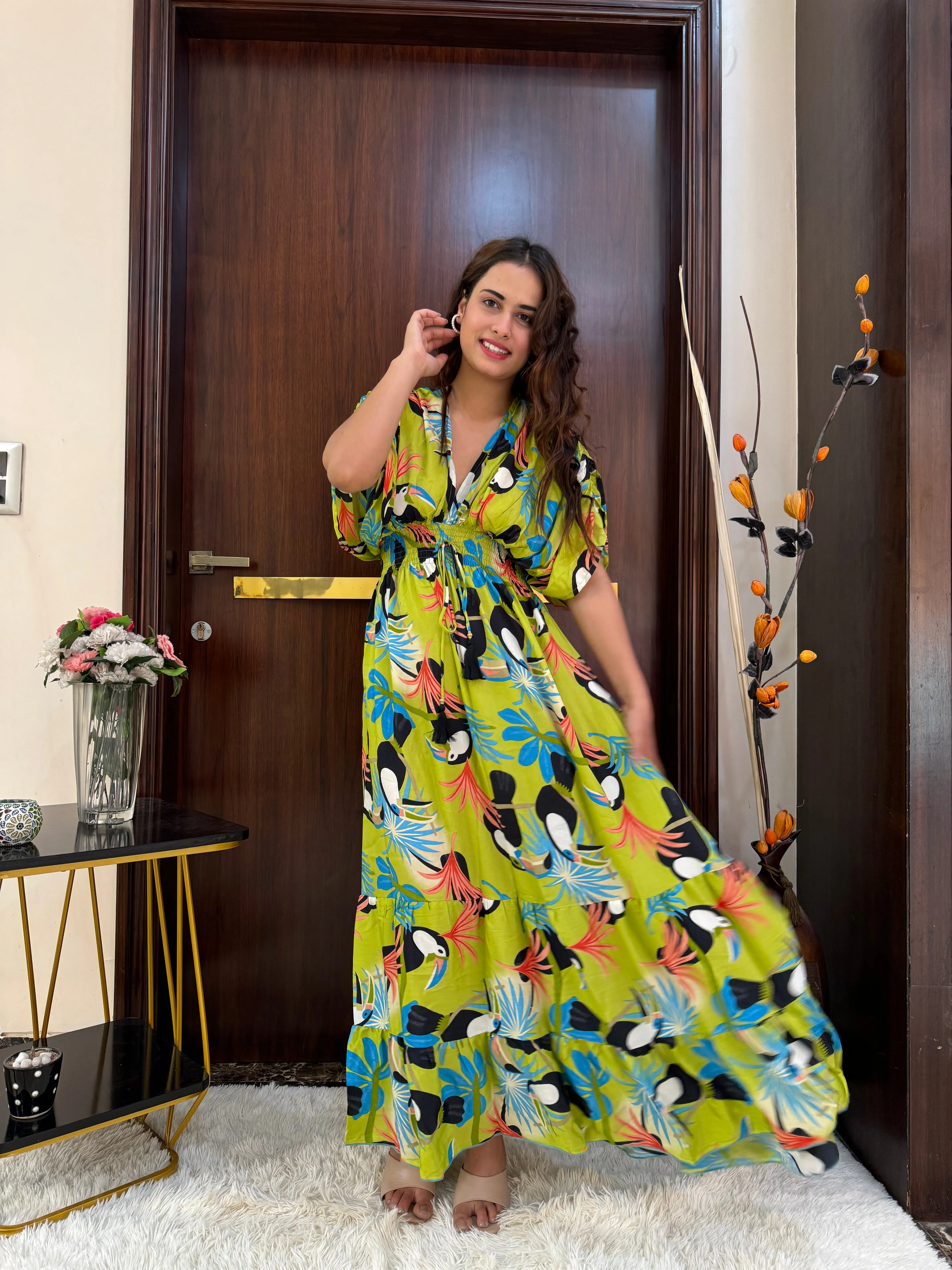 Balloon Pattern Boho Printed Maxi Dress - Vibrant Parrot Green