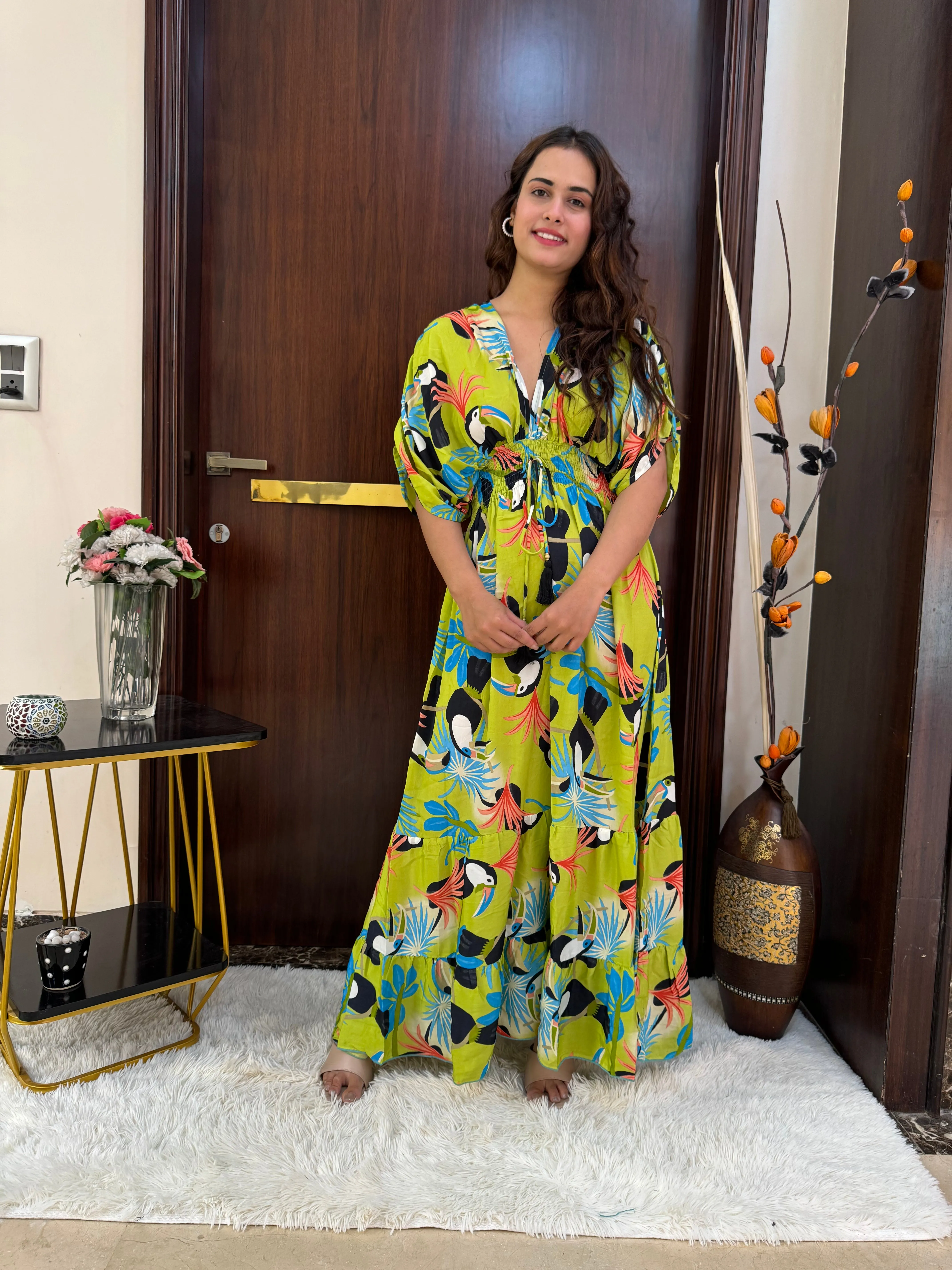 Balloon Pattern Boho Printed Maxi Dress - Vibrant Parrot Green