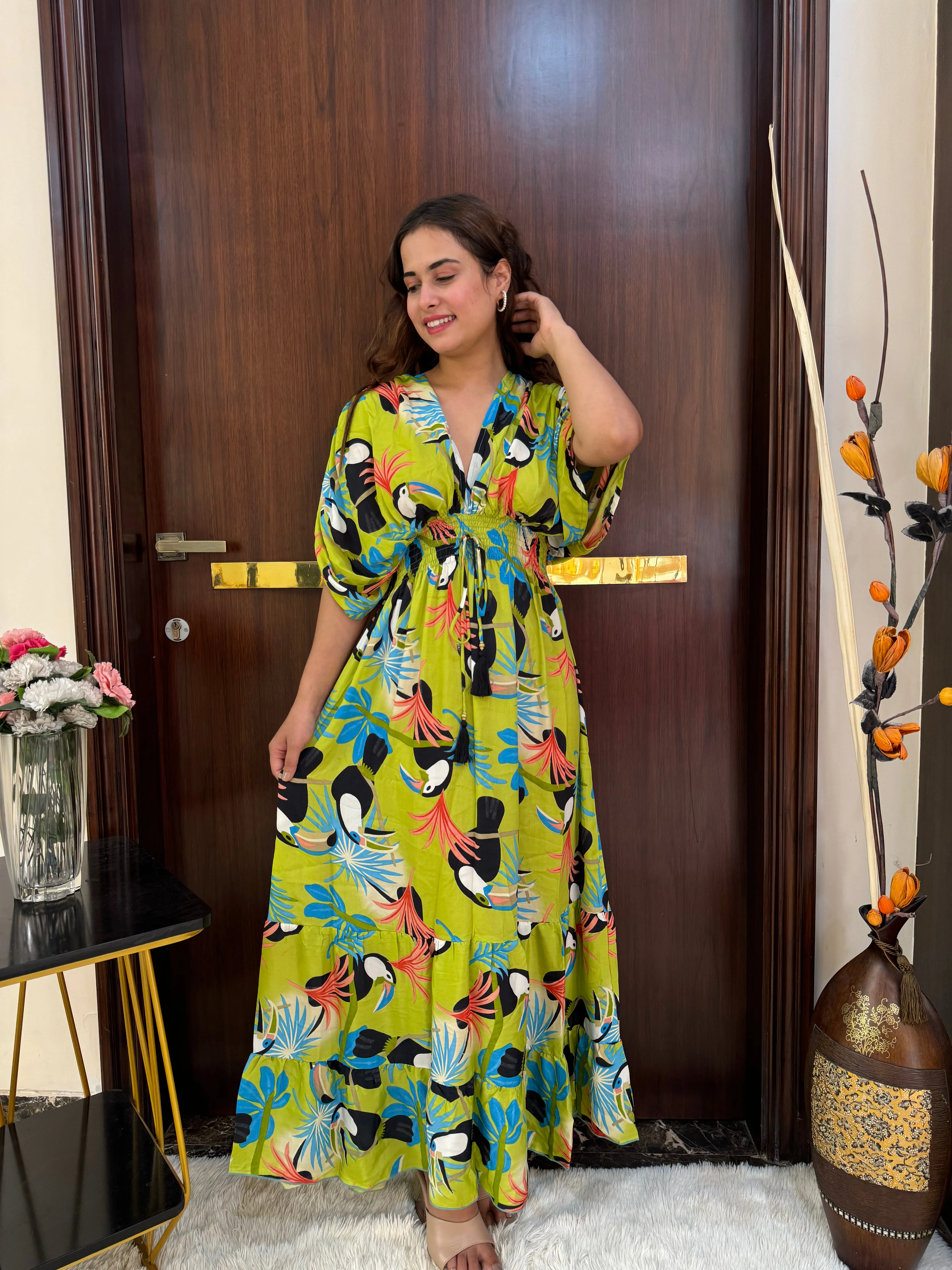 Balloon Pattern Boho Printed Maxi Dress - Vibrant Parrot Green