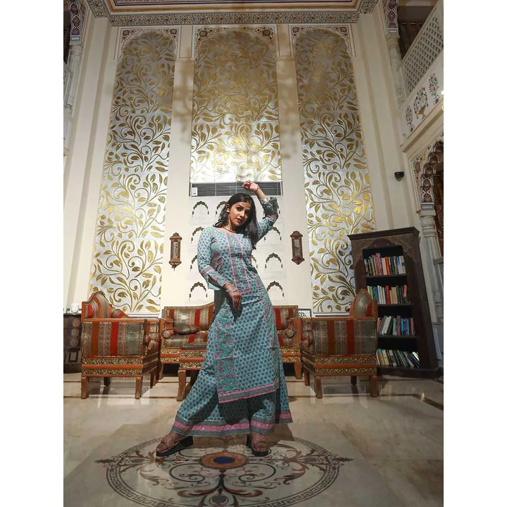 Divena Turquoise Floral Straight Kurti With Palazzo (Set of 2)