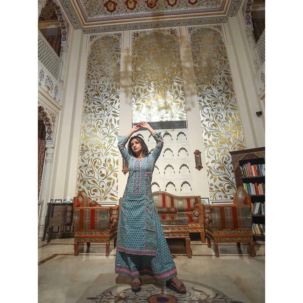 Divena Turquoise Floral Straight Kurti With Palazzo (Set of 2)