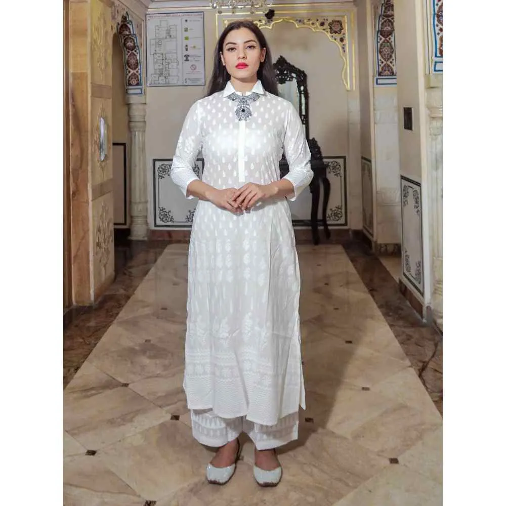 Divena White Printed Cotton Kurti With Palazzo (Set of 2)