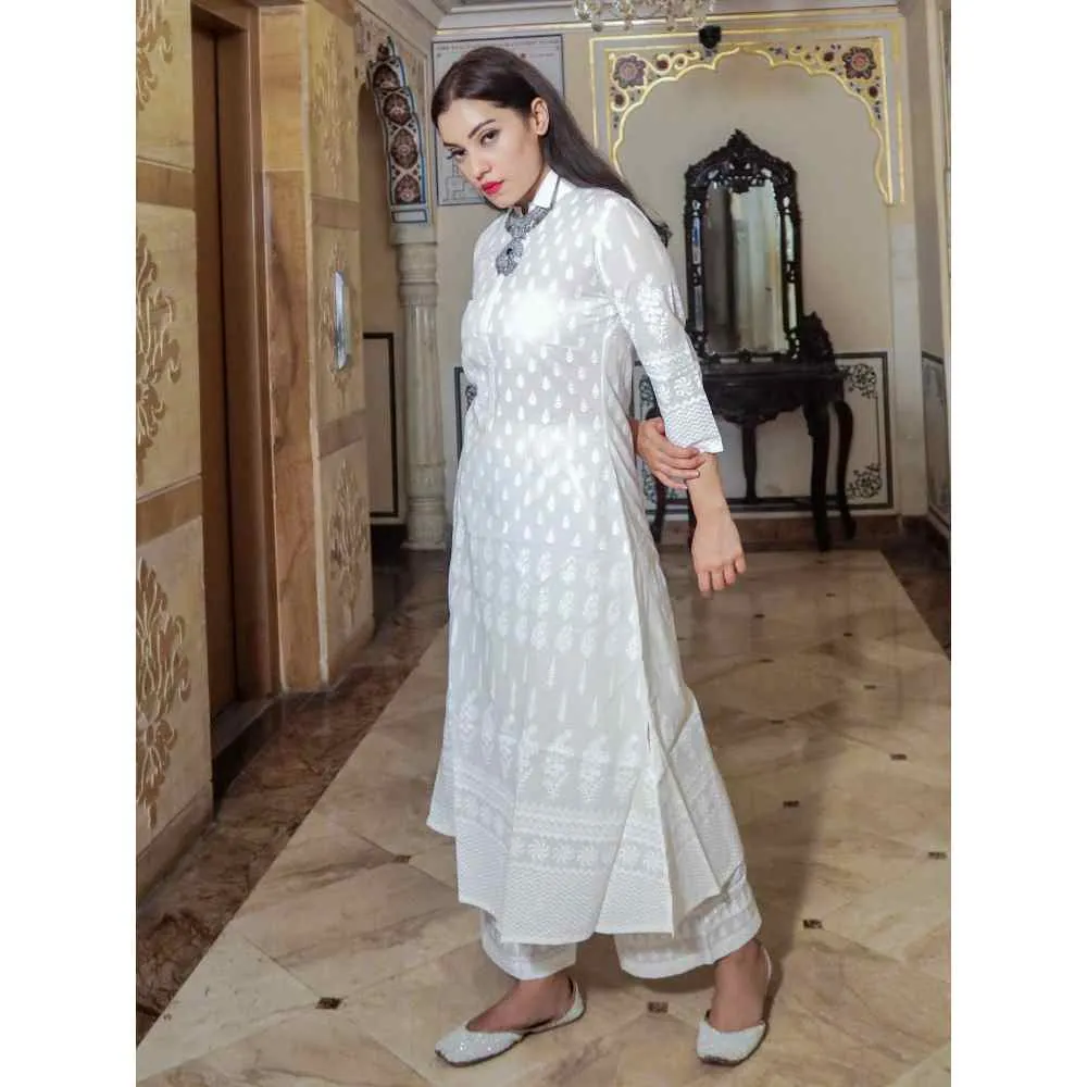 Divena White Printed Cotton Kurti With Palazzo (Set of 2)