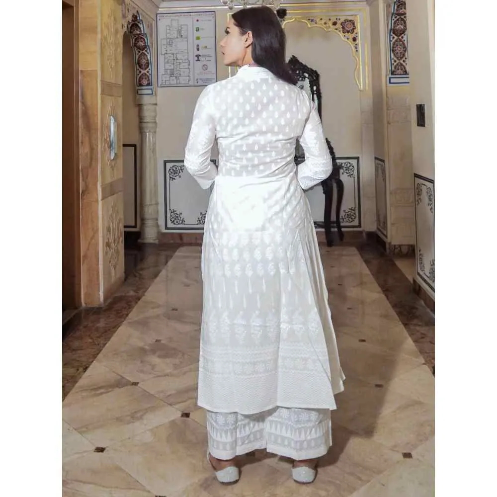 Divena White Printed Cotton Kurti With Palazzo (Set of 2)