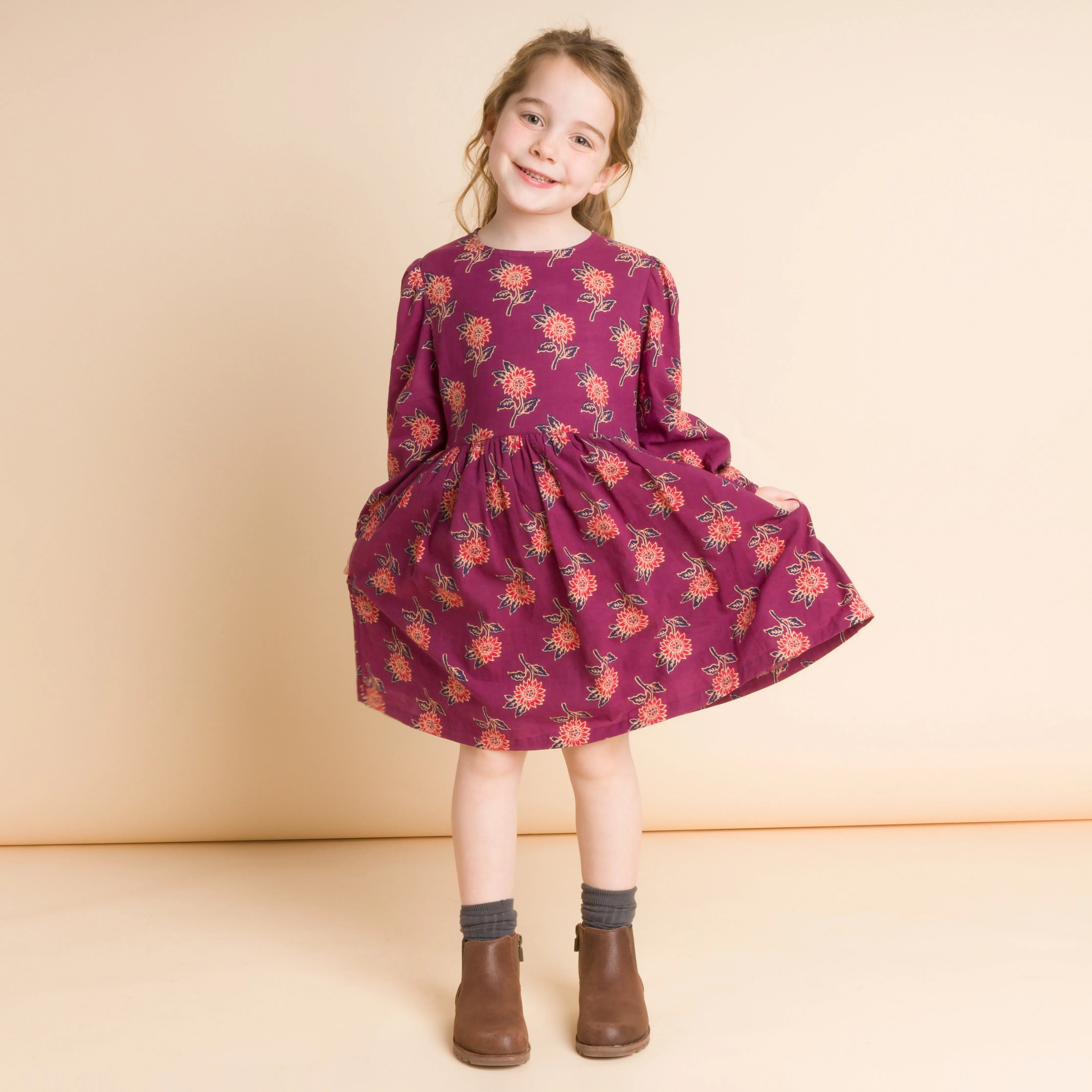 Girls' Long Sleeve Dress with Floral Motif | Purple & Red