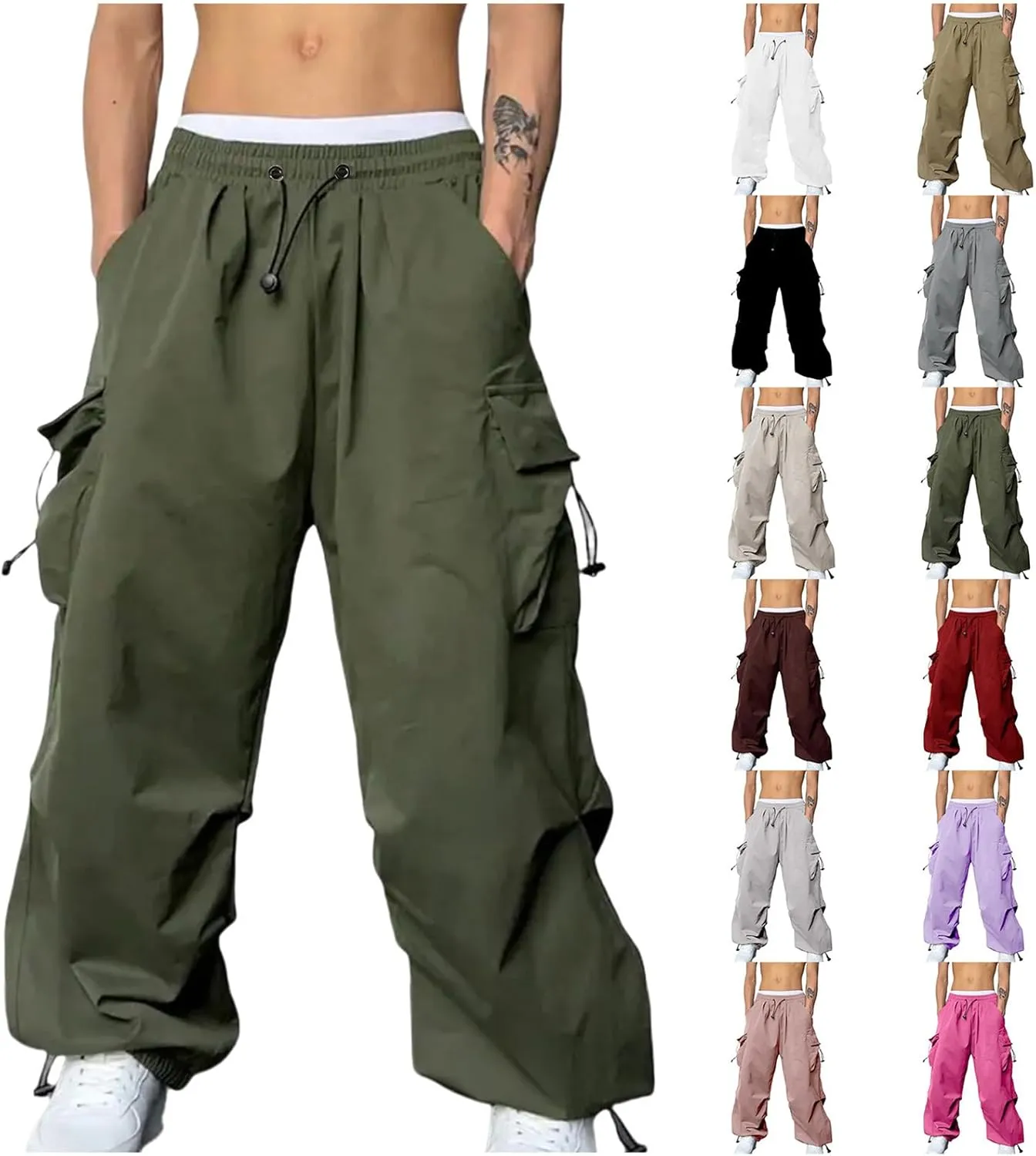 Mens Hiking Parachute Pants High Waist Drawstring Travel Pants Summer Wide Leg Comfy Athletic Trousers with Pockets