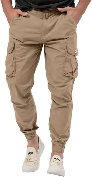 Men's Stretch Cargo Pants Outdoor Hiking Tapered Pants Solid Color Slim Fit Trousers Lightweight Baggy Work Trousers