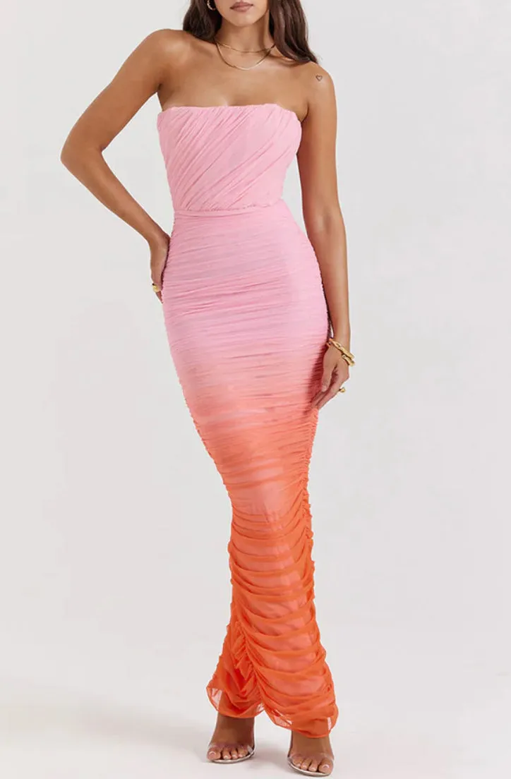 SUNSET OMBR MESH TUBE MAXI DRESS