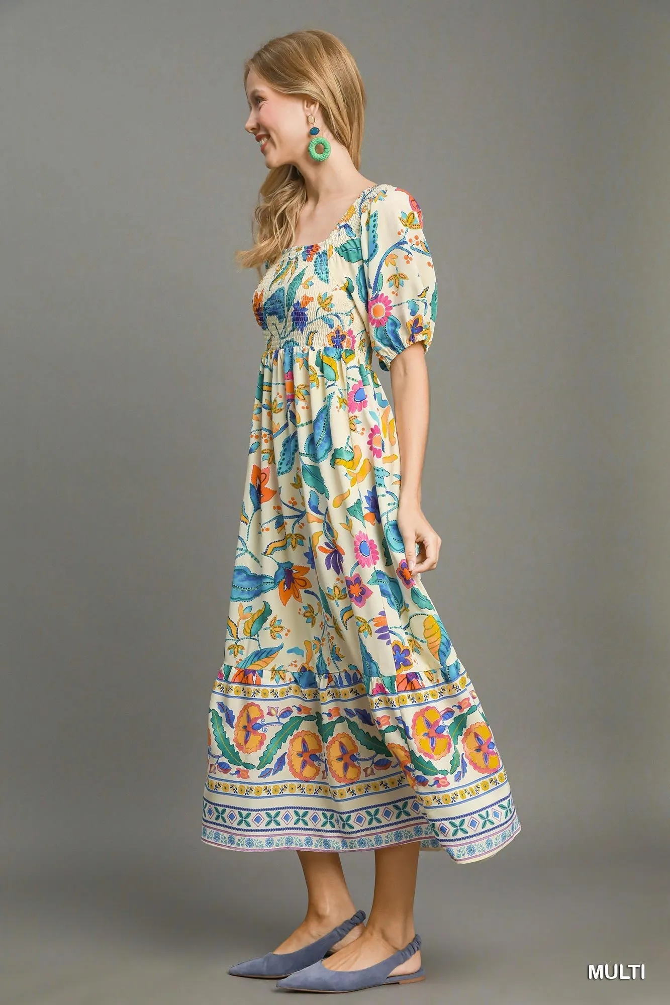 Umgee Boho Floral Smocked Maxi Dress  Multicolor