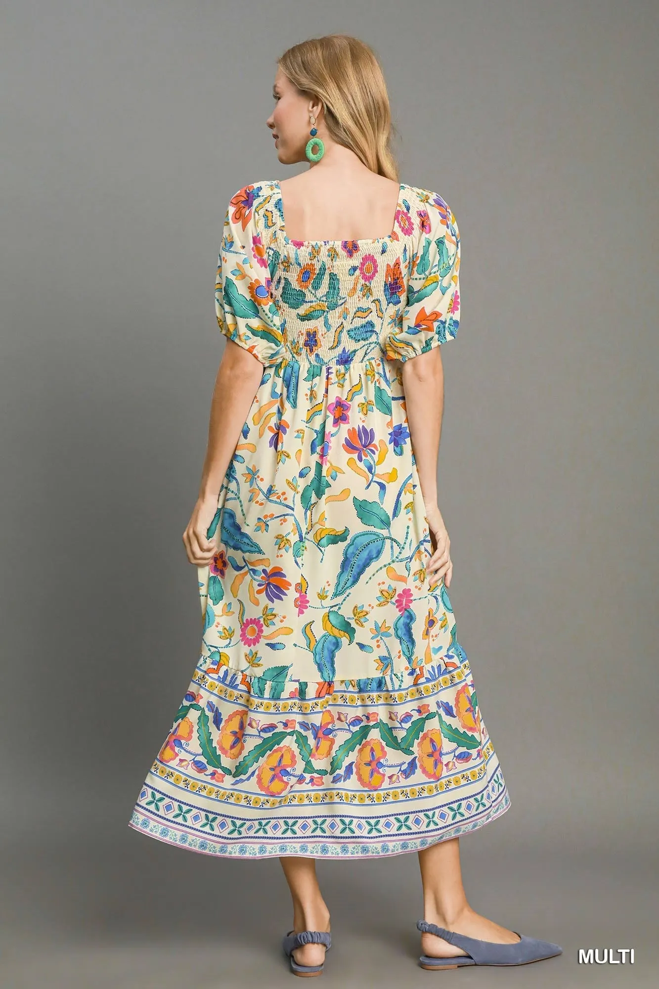 Umgee Boho Floral Smocked Maxi Dress  Multicolor