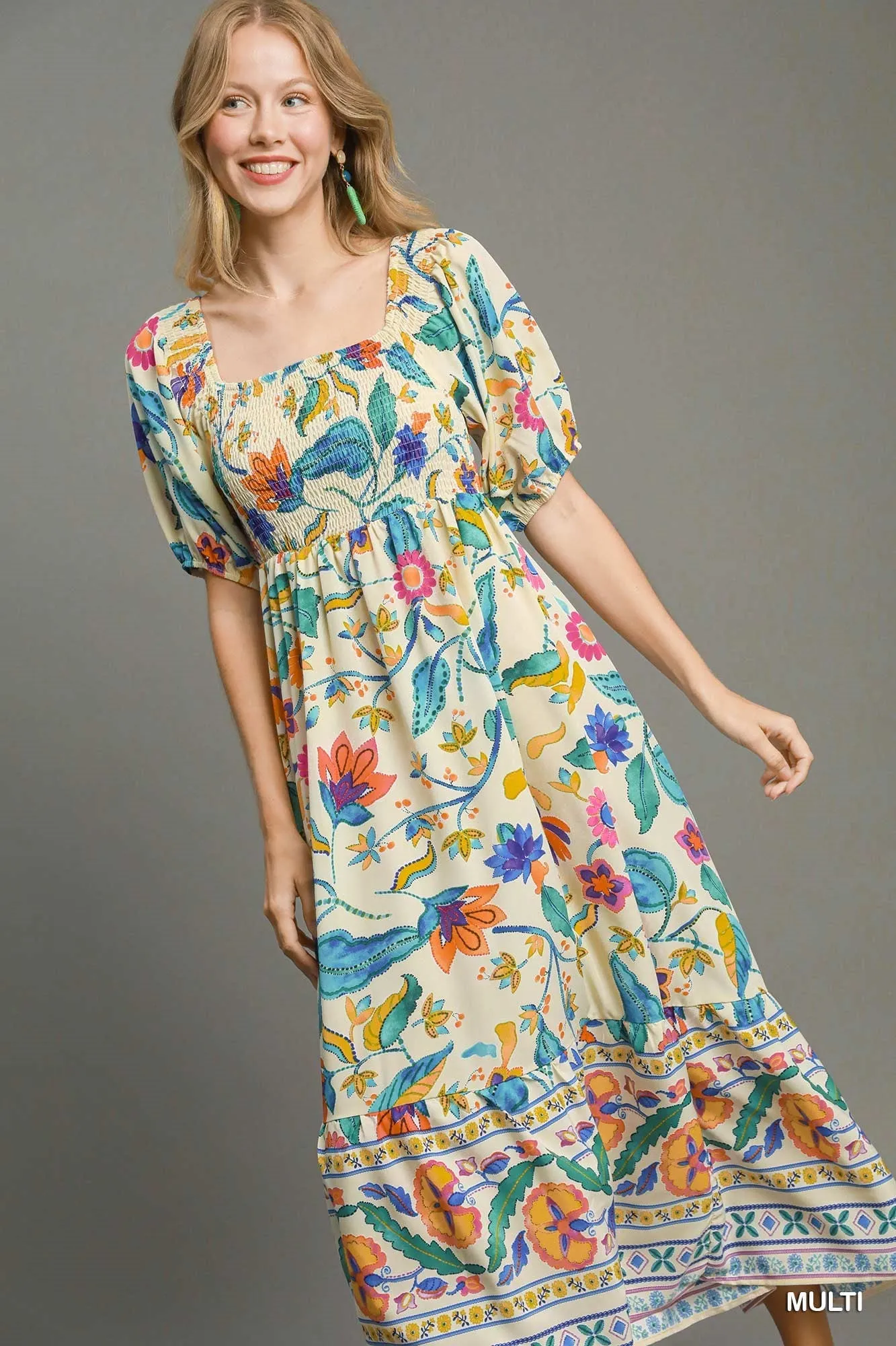 Umgee Boho Floral Smocked Maxi Dress  Multicolor