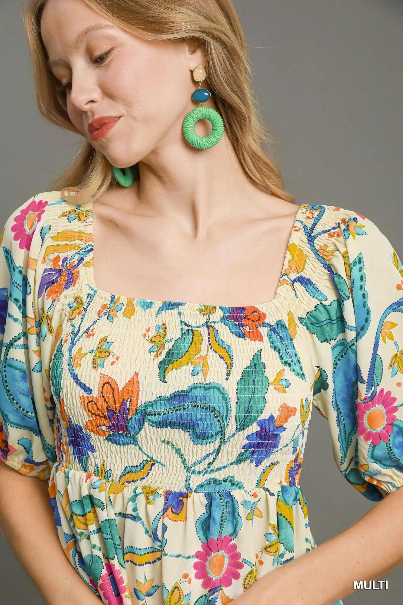 Umgee Boho Floral Smocked Maxi Dress  Multicolor