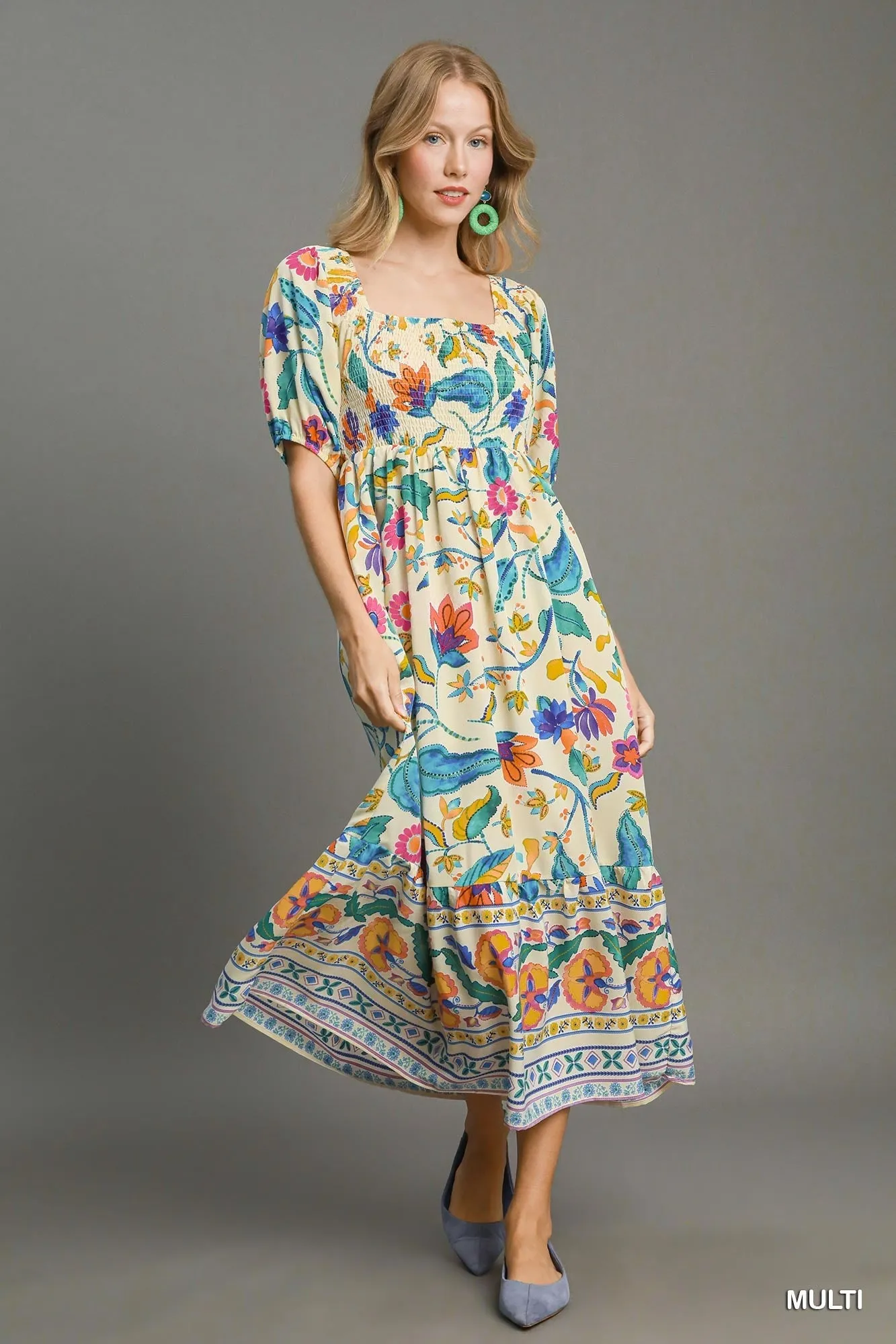 Umgee Boho Floral Smocked Maxi Dress  Multicolor