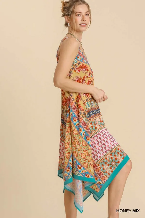 Umgee Mixed Scarf Print Spaghetti Strap Midi Dress With SharkBite Hem In Honey Mix