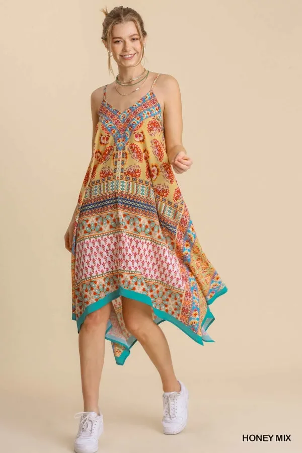 Umgee Mixed Scarf Print Spaghetti Strap Midi Dress With SharkBite Hem In Honey Mix