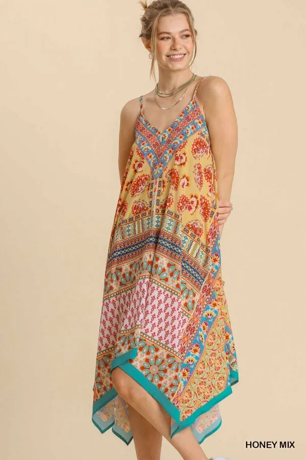 Umgee Mixed Scarf Print Spaghetti Strap Midi Dress With SharkBite Hem In Honey Mix