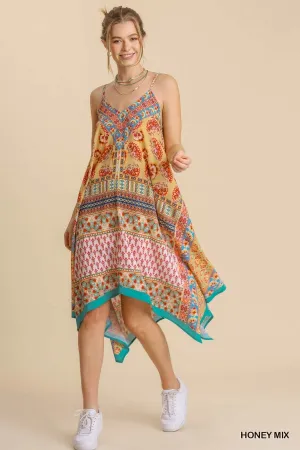 Umgee Mixed Scarf Print Spaghetti Strap Midi Dress With SharkBite Hem In Honey Mix
