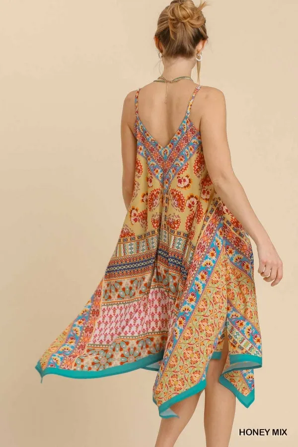 Umgee Mixed Scarf Print Spaghetti Strap Midi Dress With SharkBite Hem In Honey Mix