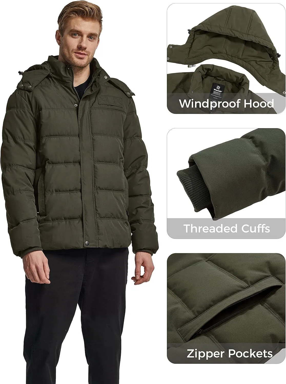 Wantdo Men's Hooded Winter Coat Warm Puffer Jacket Thicken Cotton Coat with Removable Hood