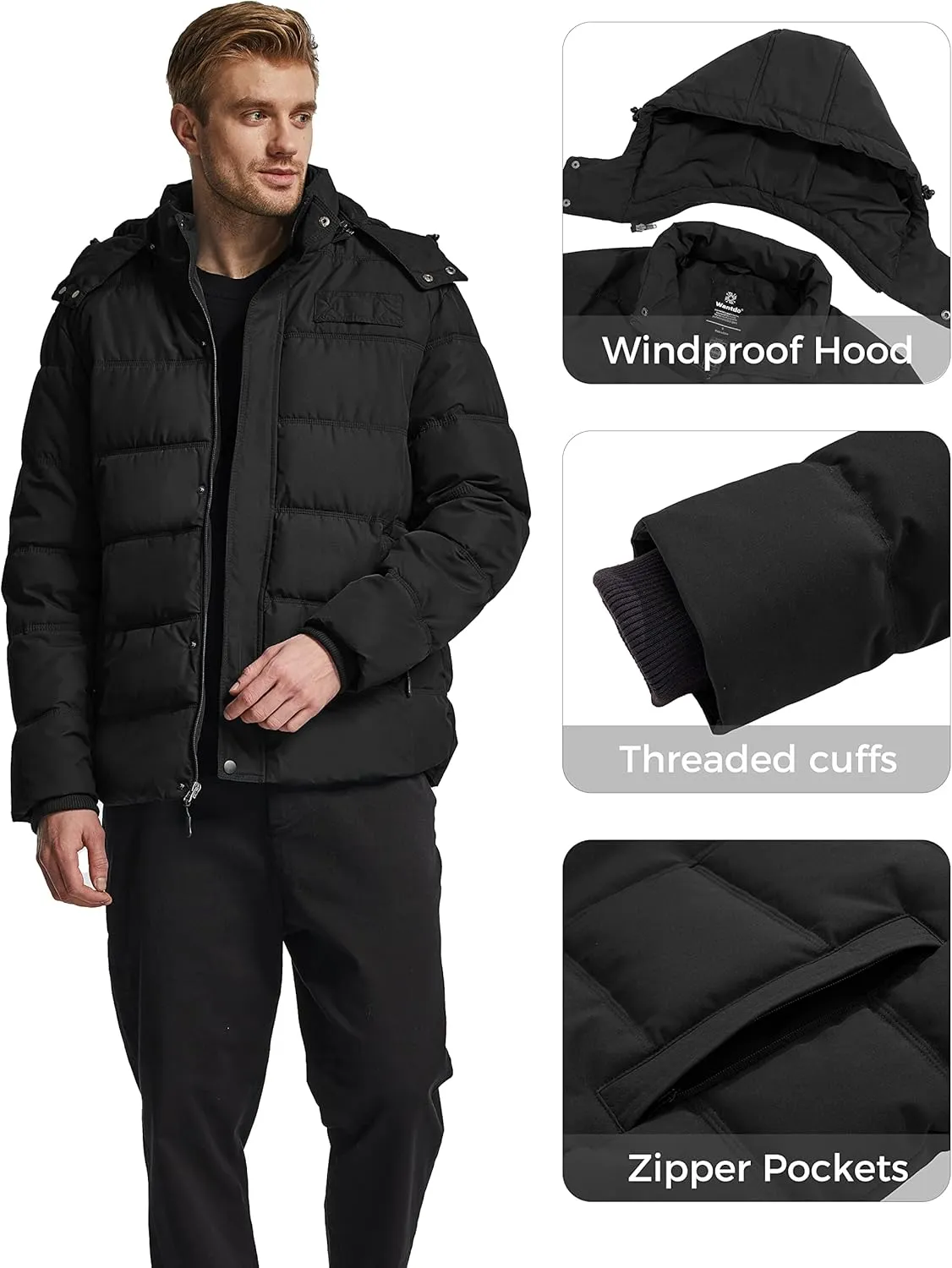 Wantdo Men's Hooded Winter Coat Warm Puffer Jacket Thicken Cotton Coat with Removable Hood