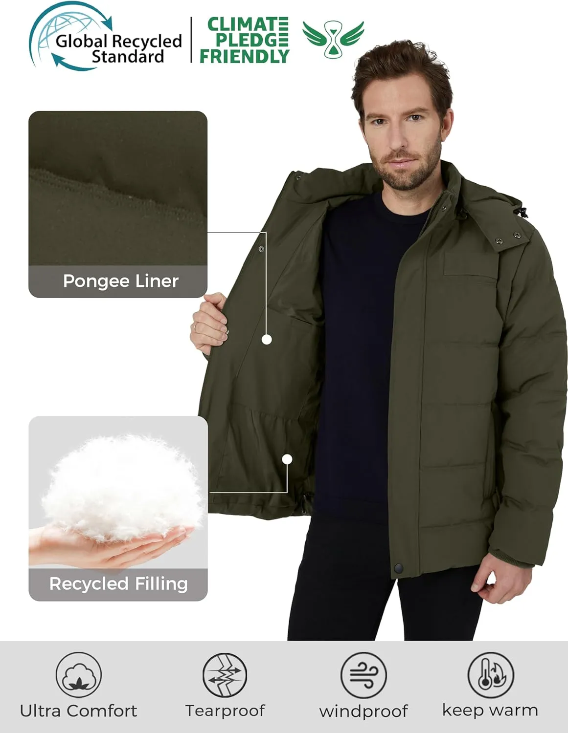 Wantdo Men's Hooded Winter Coat Warm Puffer Jacket Thicken Cotton Coat with Removable Hood