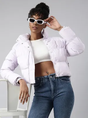 Women Lavender Washed Windcheater Crop Puffer Jacket