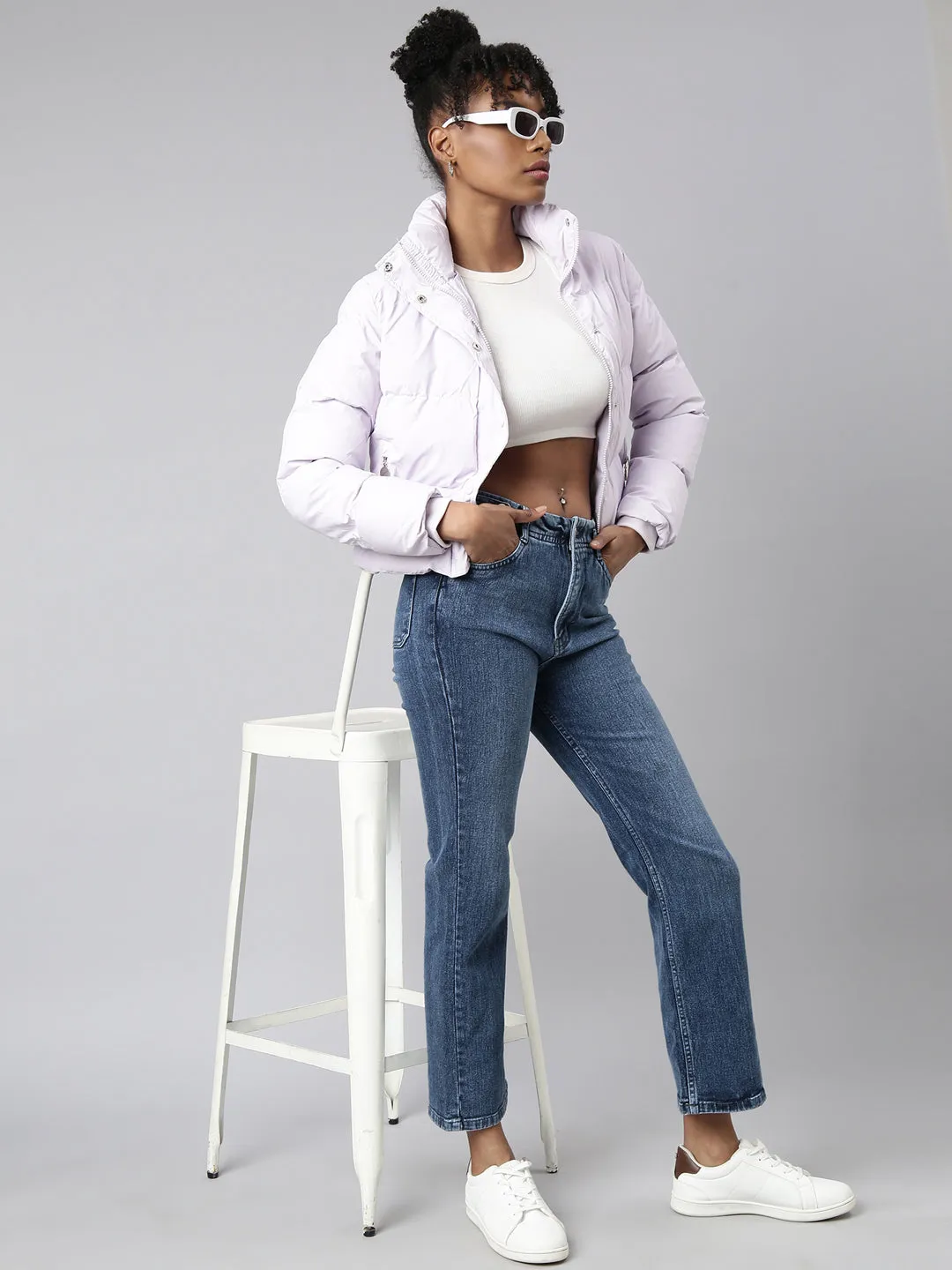 Women Lavender Washed Windcheater Crop Puffer Jacket